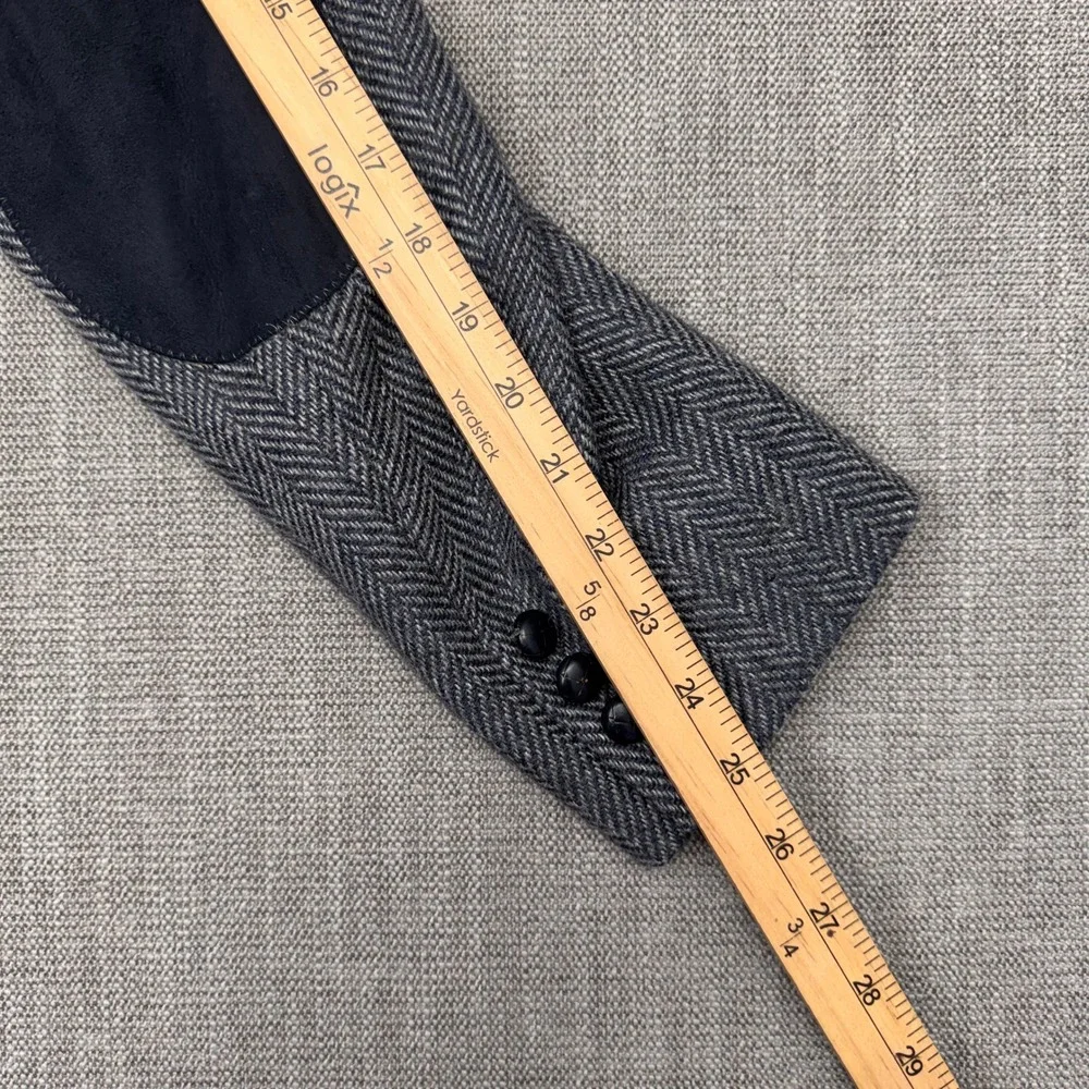 Vintage Made in USA Herringbone Tweed Blazer Grey Blue Elbow Patches 44L